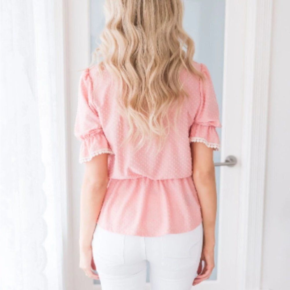 Swiss Dot Top Women's V Neck Babydoll Blouse Shirt Half Sleeve Peach Pink - Picture 8 of 8